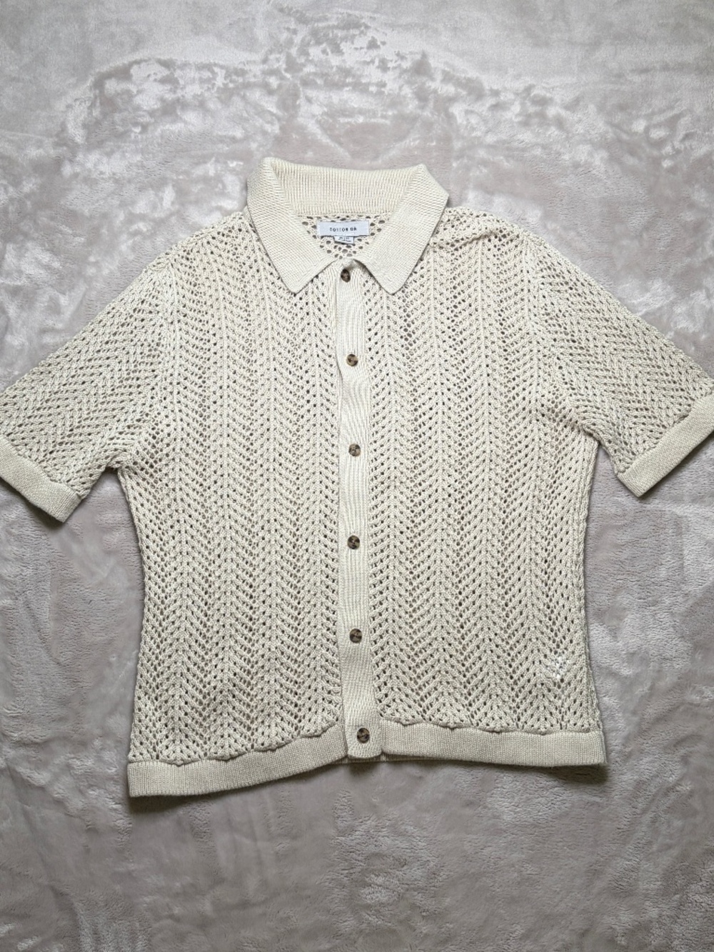 Cotton On Shirt Mens XS Beige Open Knit Mesh Button Front Polo Crochet Textured